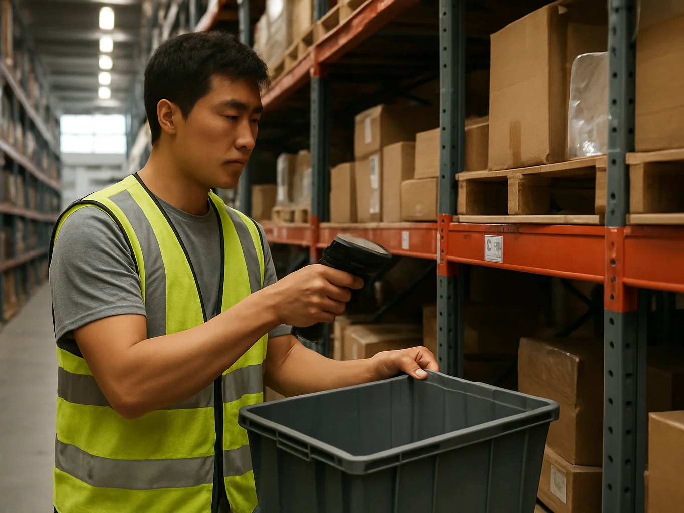 Documentary photograph of a Chinese warehouse worker picking item