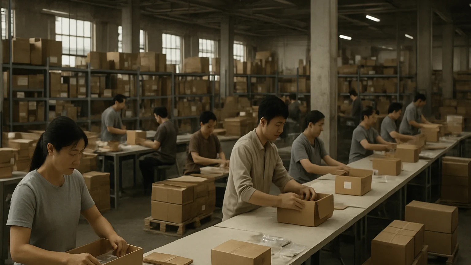 Wide documentary photograph of a busy warehouse floor in China wi