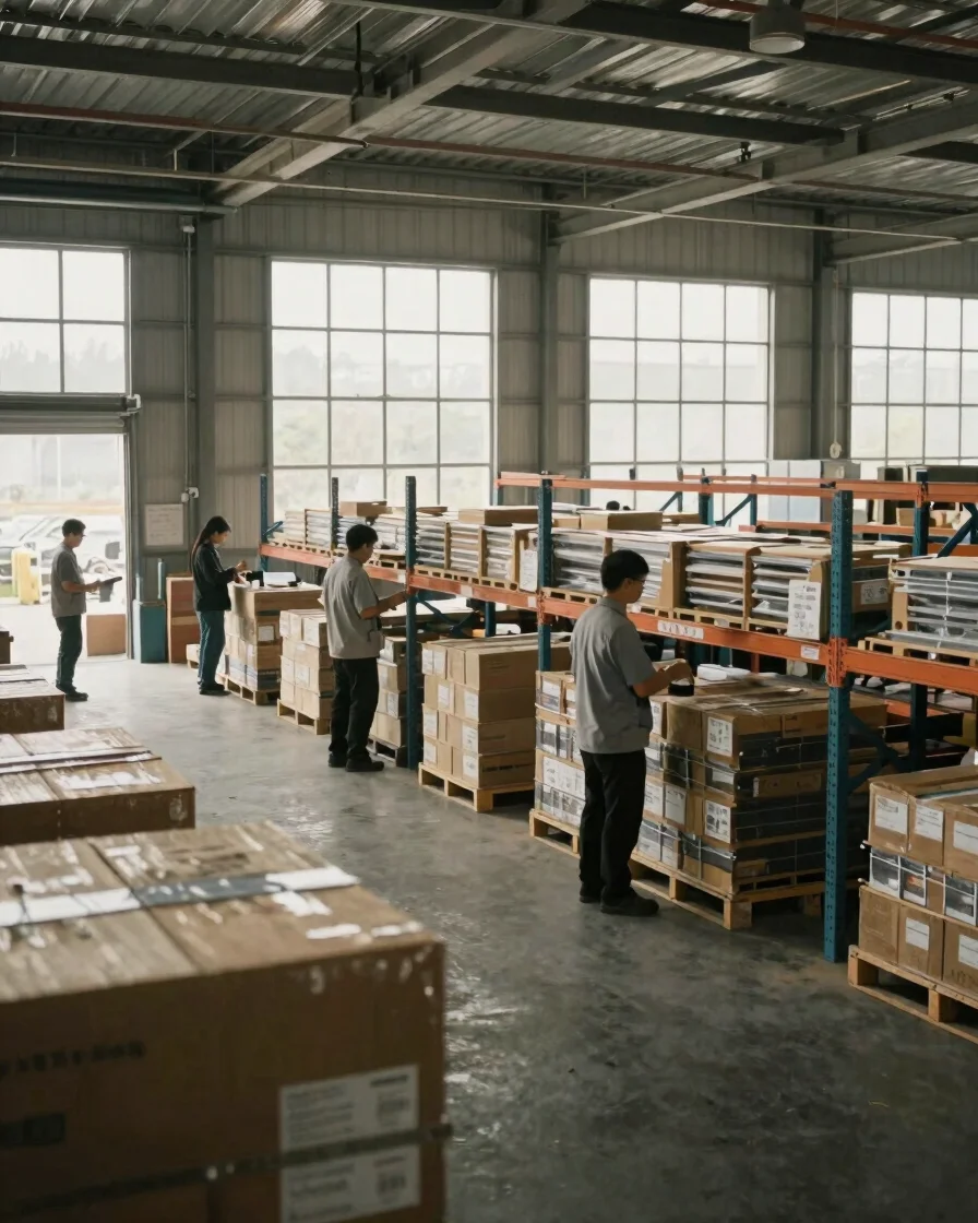 Documentary wide view of a modern warehouse interior in China, soft natural daylight through high windows, staff in neut