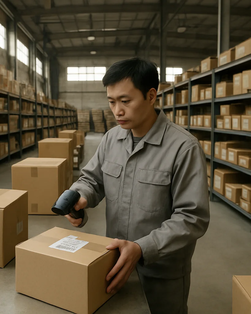 Wide documentary photograph of a warehouse interior in China duri