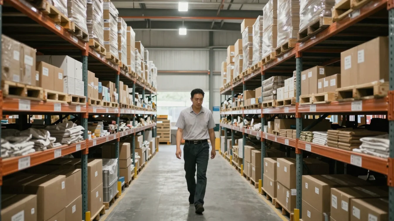 Wide documentary view of organized warehouse shelving in China wi