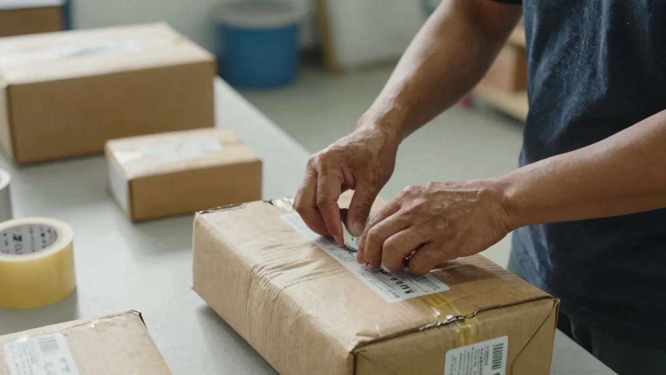 Close detail of a Chinese worker's hands packing a parcel at a pa