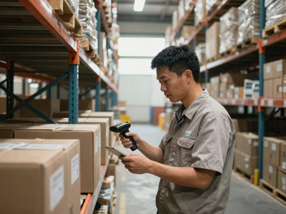 Documentary logistics photograph of a warehouse interior in China